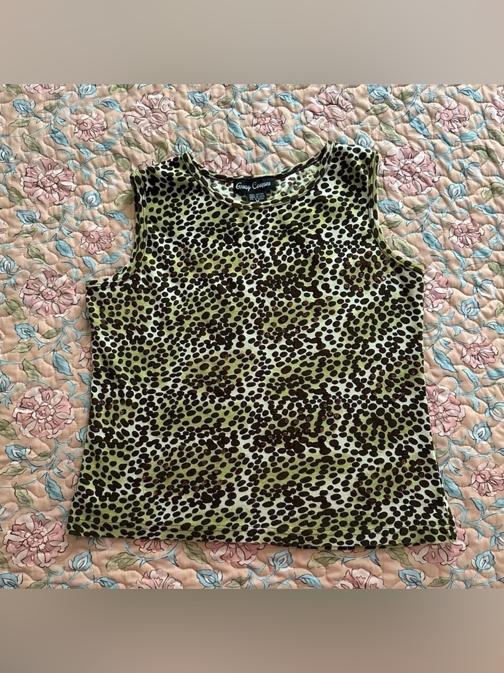 Candy Couture Vintage Green & Brown Sequin Embellished Leopard Cheetah Print Top - Picture 4 of 5